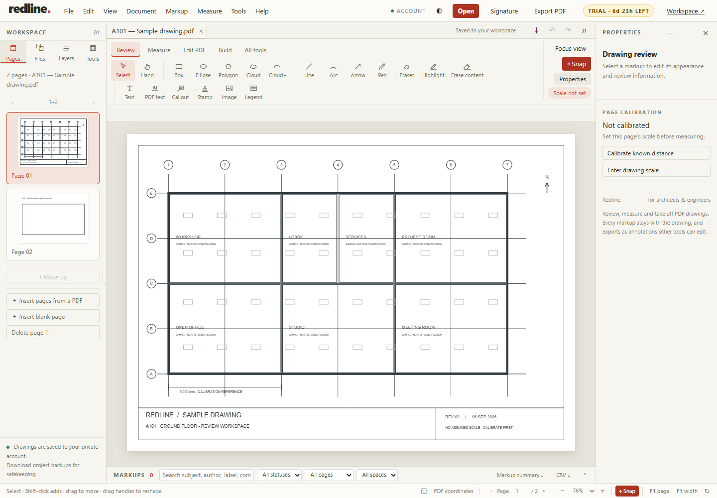 Actual Redline workspace reviewing a sample PDF drawing