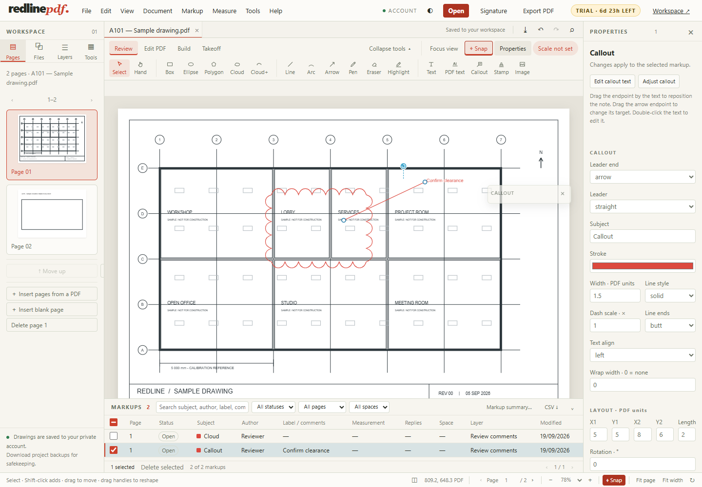 Redline PDF drawing review with a cloud, callout, Properties panel and markup list