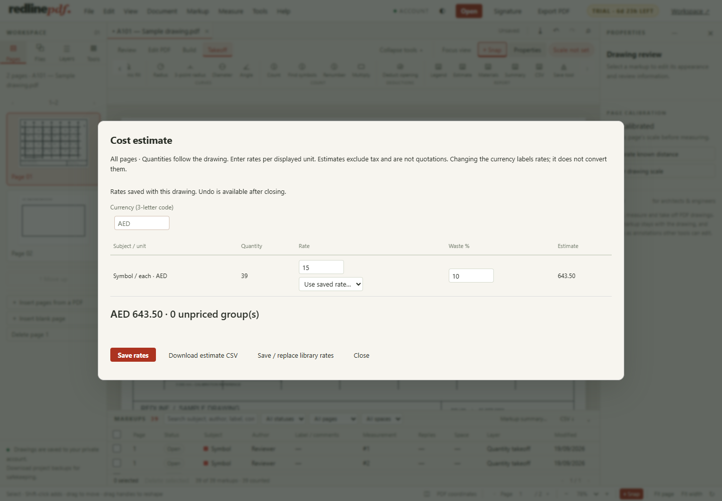 Redline PDF cost estimate for 39 items at AED 15 with 10 percent allowance, totaling AED 643.50