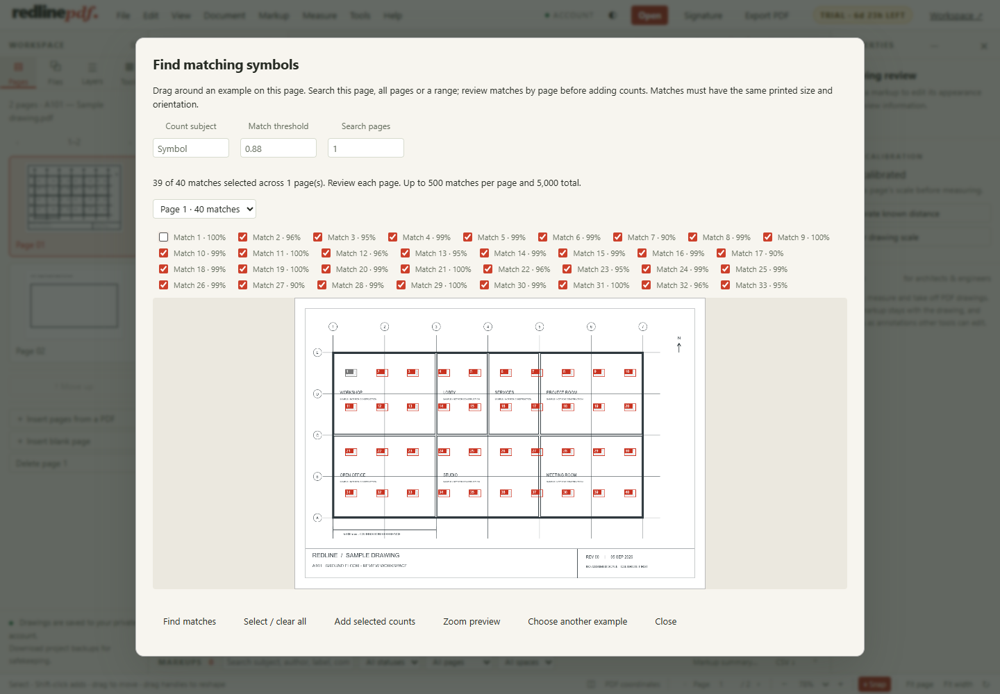 Symbol search results in Redline PDF with selectable candidates